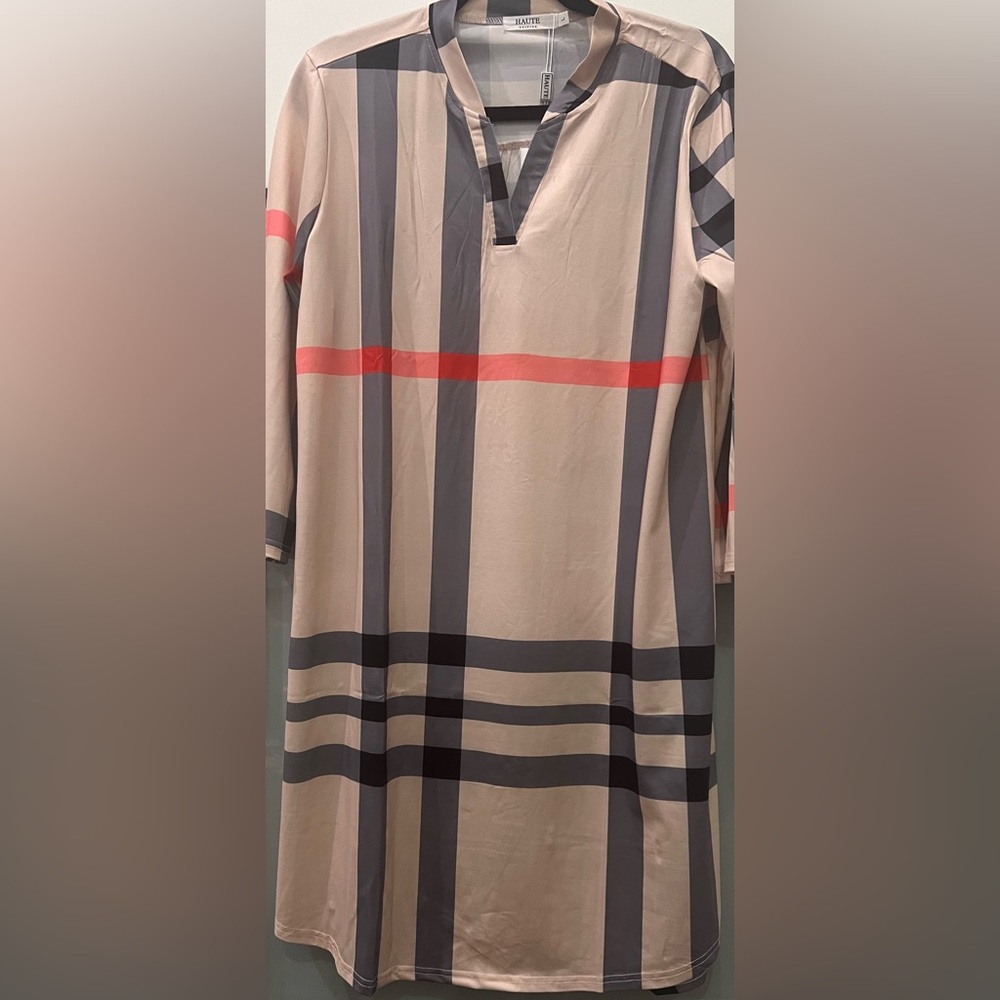 BRAND NEW Stylish Plaid Dress with Red and Gray Stripe Tunic/Dress